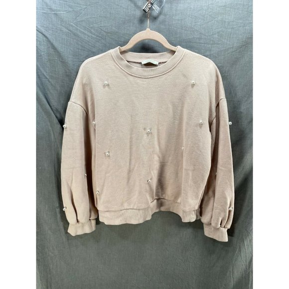 Zara Trafaluc Shirt Women Small Beige Pearls Beads Long Sleeve Pullover Ladies. - Picture 1 of 8